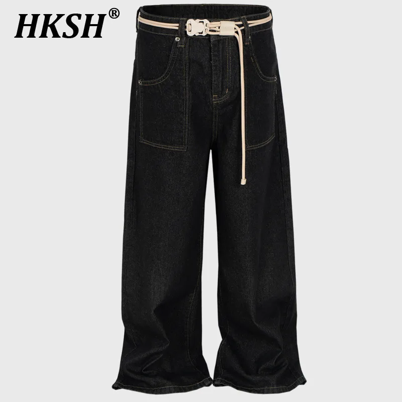 

HKSH Spring Summer New Man's Dark Unisex Tide Y2K High Street Fashion Chic Wide-Leg Jeans Washed Buckle Belt Denim Pants HK5573