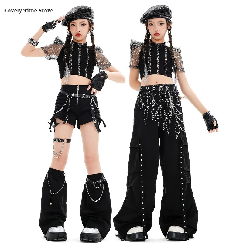 Mädchen Hip Hop Shiny Brilliant Crop Top Cargo Hosen Shorts Kinder K-pop Pailletten Streetwear Kind Jazz Mädchen Gruppe kostüm Kleidung Set