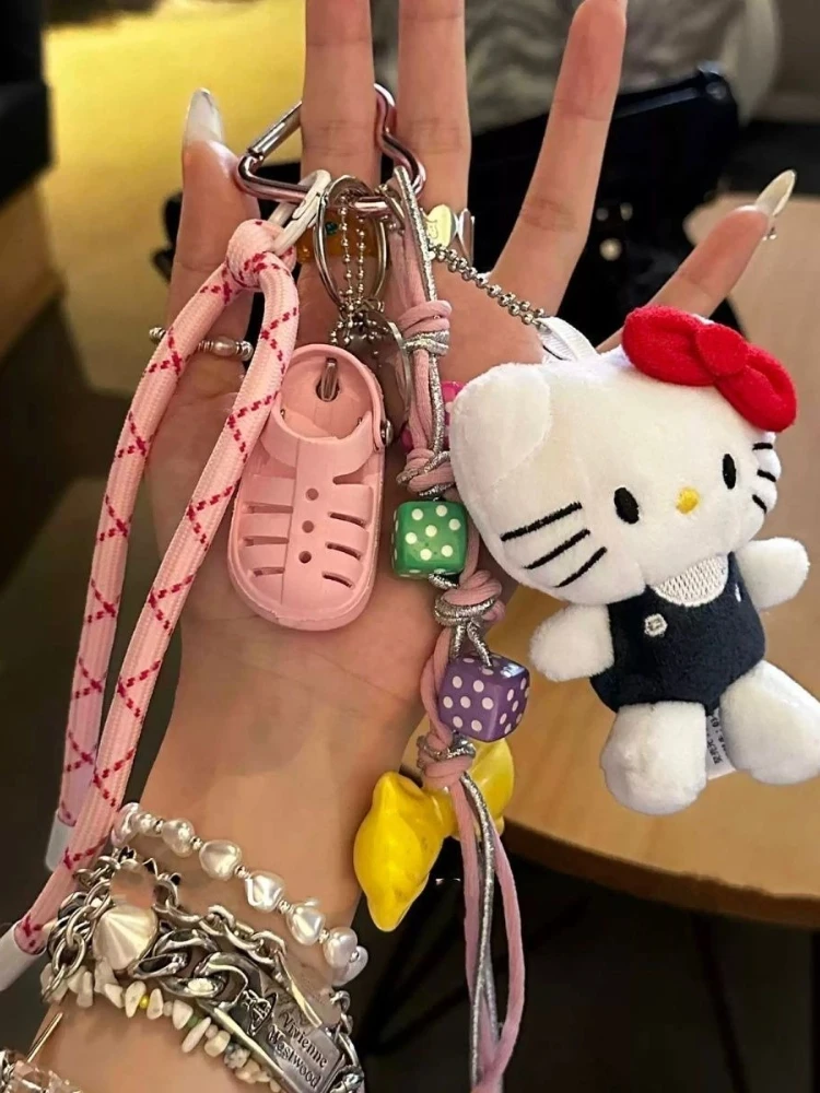 Kawai Hello Kitty Pendant Woven Carabiner Bag Pendant Handmade Beaded Bowknot Plush Doll Backpack Keychain Accessories for Women