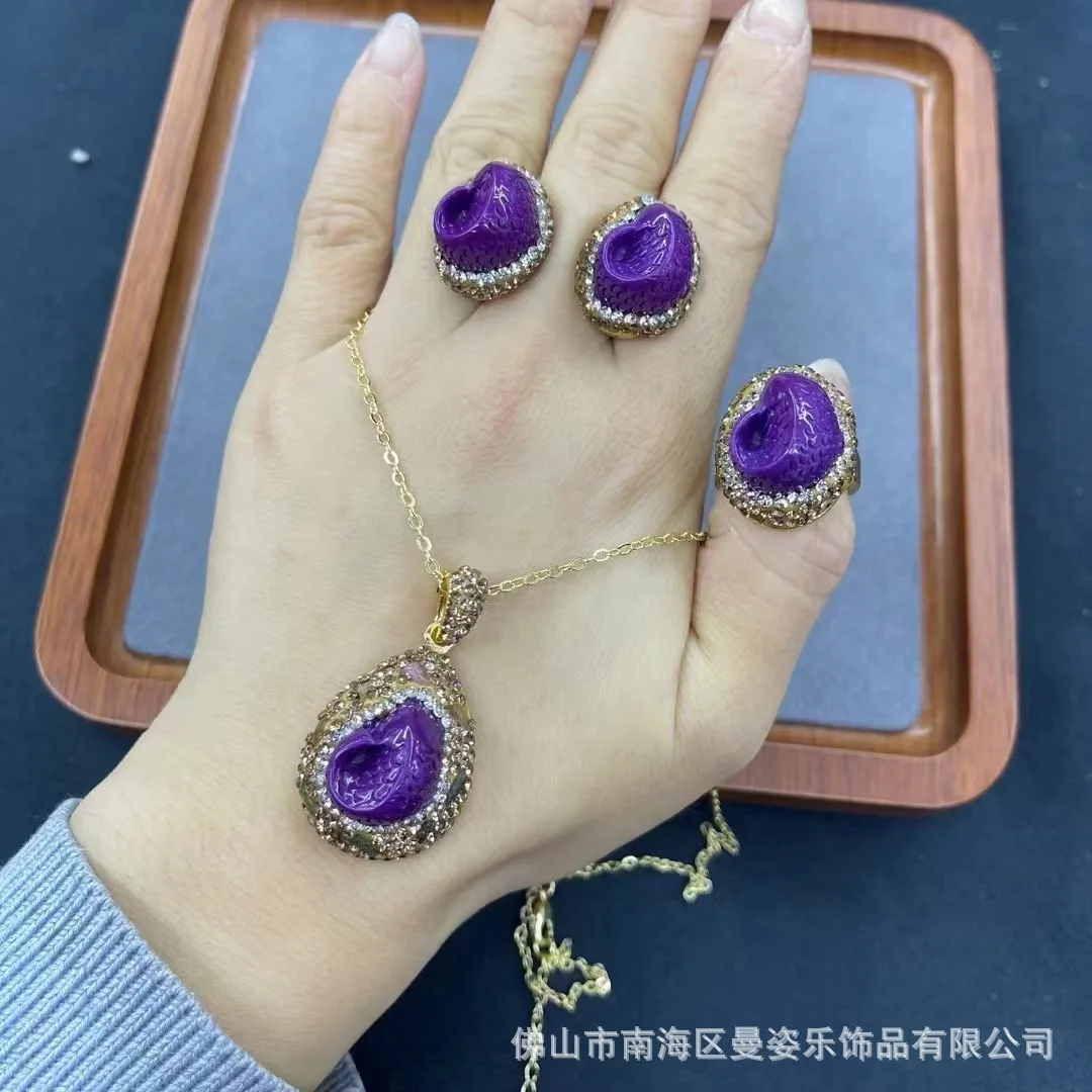 

Ore purple more than every year inlaid amethyst three-piece set ethnic style jewelry hot-selling pendant necklace earring ring