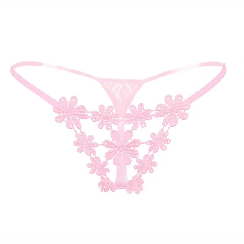 

Embroidery Flowers Sexy Women's Thong Double Thin Belt Transparent Mesh G-strings