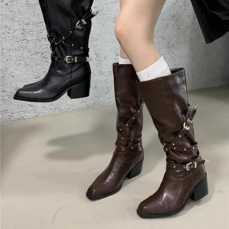 

Rivet Belt Buckle Long Tube Boots for Women with Thick Heels, 2025 Autumn and Winter New High Tube Boots, Western Cowboy Boots