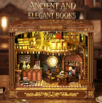 DIY Wooden Retro Ancient Library 3D Puzzle Miniature Diorama Doll House Home Decor Birthday Handmade Gift for Adults