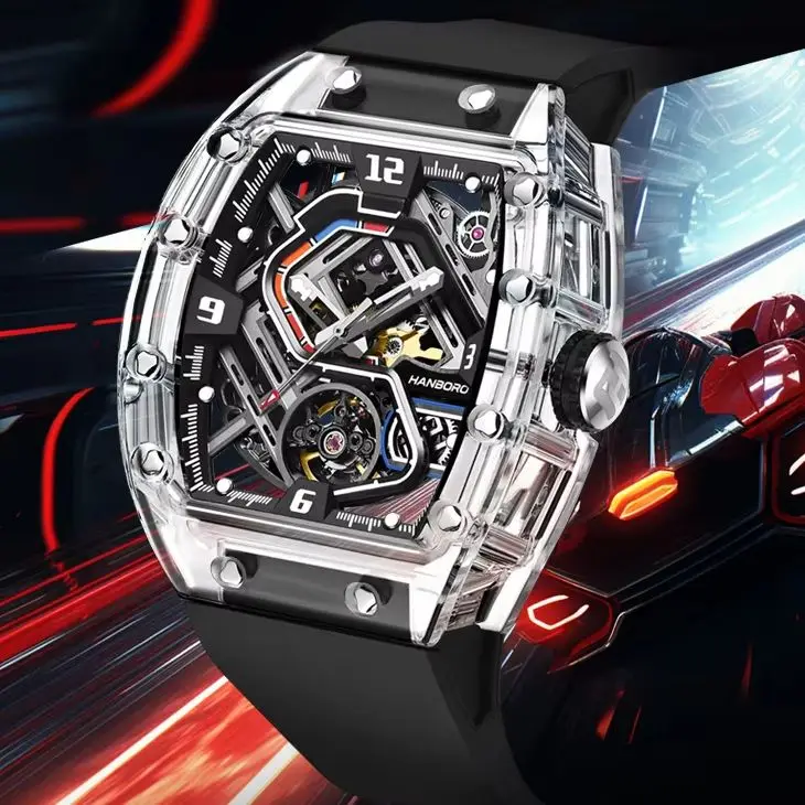 HANBORO Men Automatic Watch 42.5mm Tonneau Mechanical Wristwatch Acrylic Case Waterproof Luminous Racing Track Dial Miyota Mov