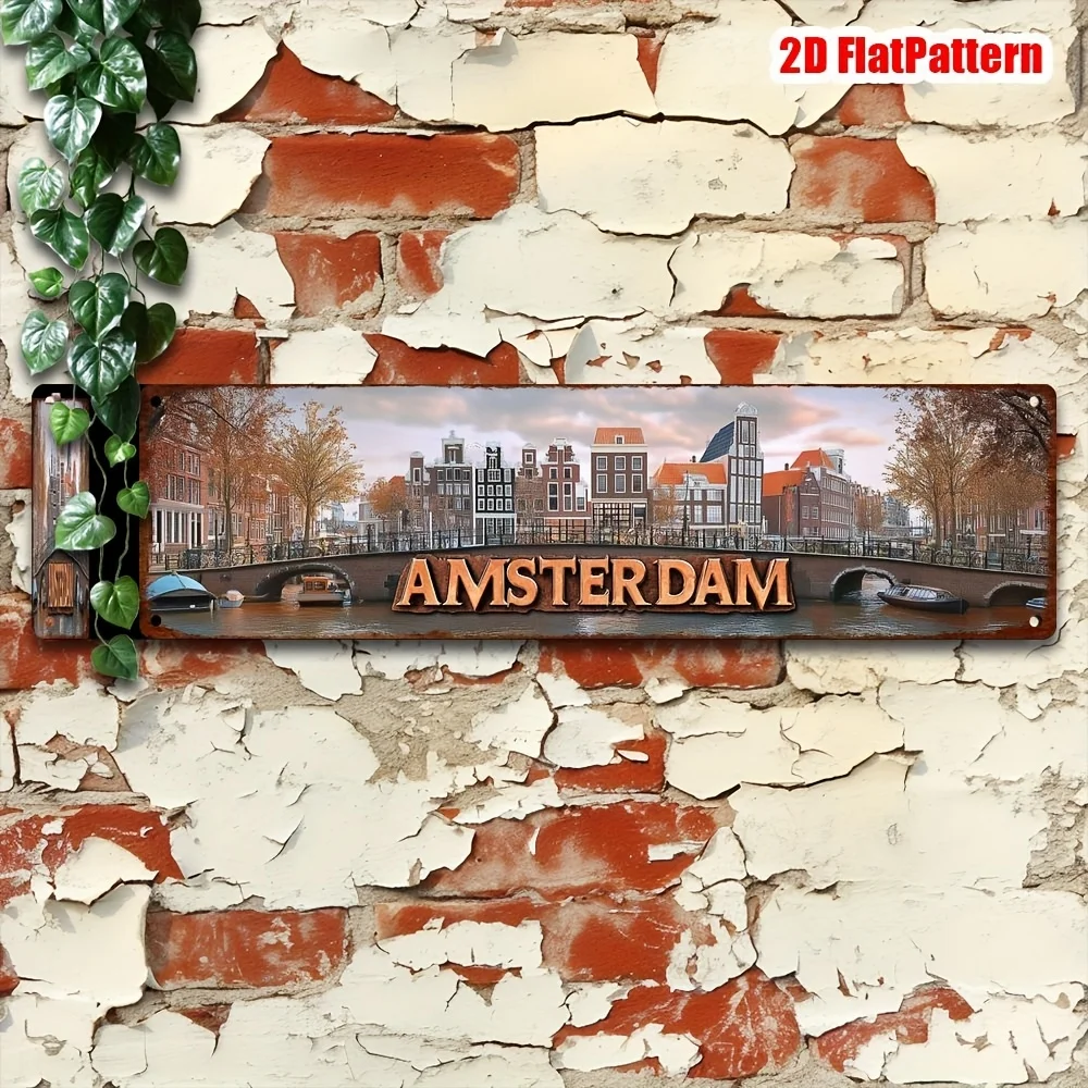 1pc Vintage Amsterdam Metal Tin Sign, UV Printed Metal Wall Art, Vivid Canal Landscape, with 