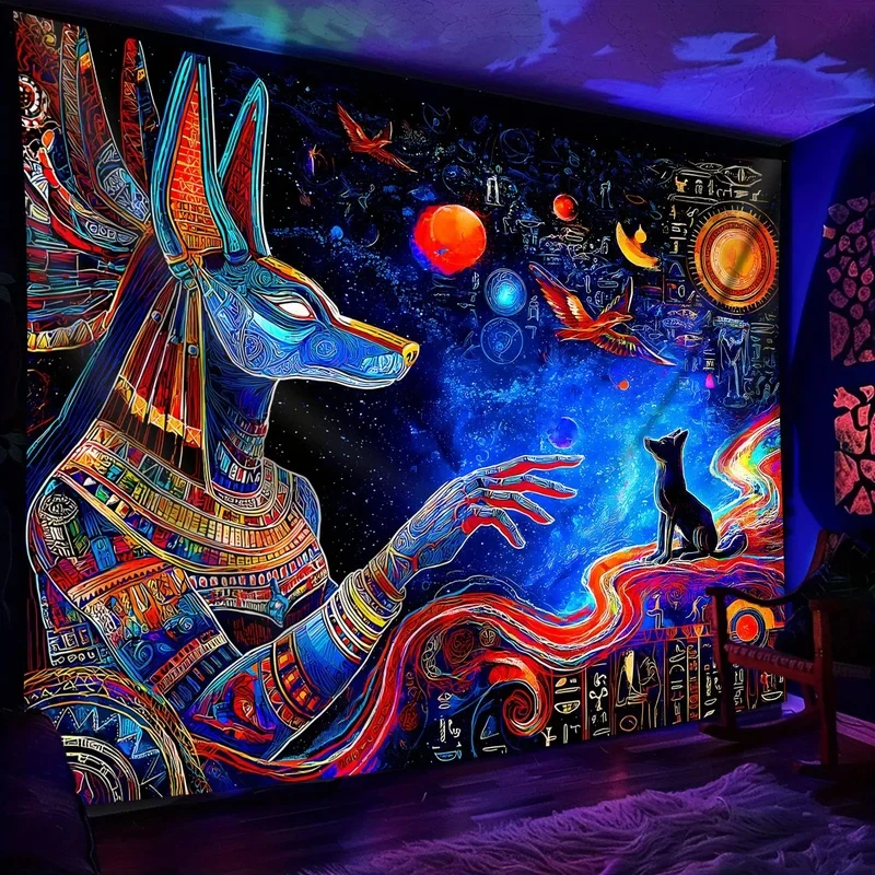 VIKAMA Egyptian Anubis Tapestry Colorful Psychedelic Galaxy Hieroglyphic Wall Hanging Ancient Myth Bedroom Decor Cloth
