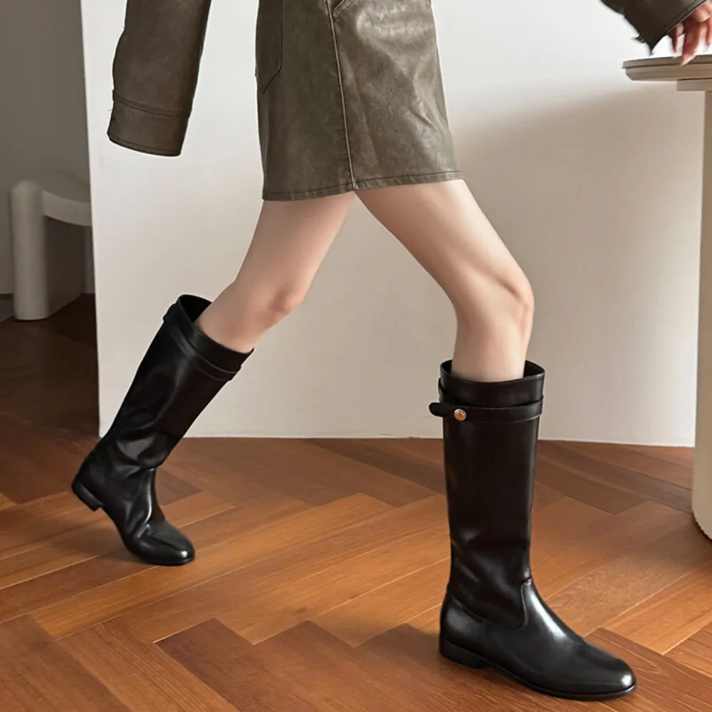 Women's 2026 Classic Genuine Leather Knee-High Riding Boots with Buckle for Equestrian Sports & Formal