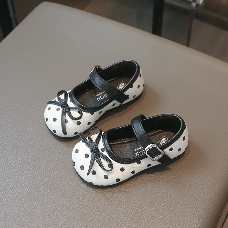 Baby Girls Dot Mary Jane Shoes Little Kids Infant Hook Loop Flat Shoe 2026 Autumn New Fashion Bowtie Shallow Shoe Size 22-31