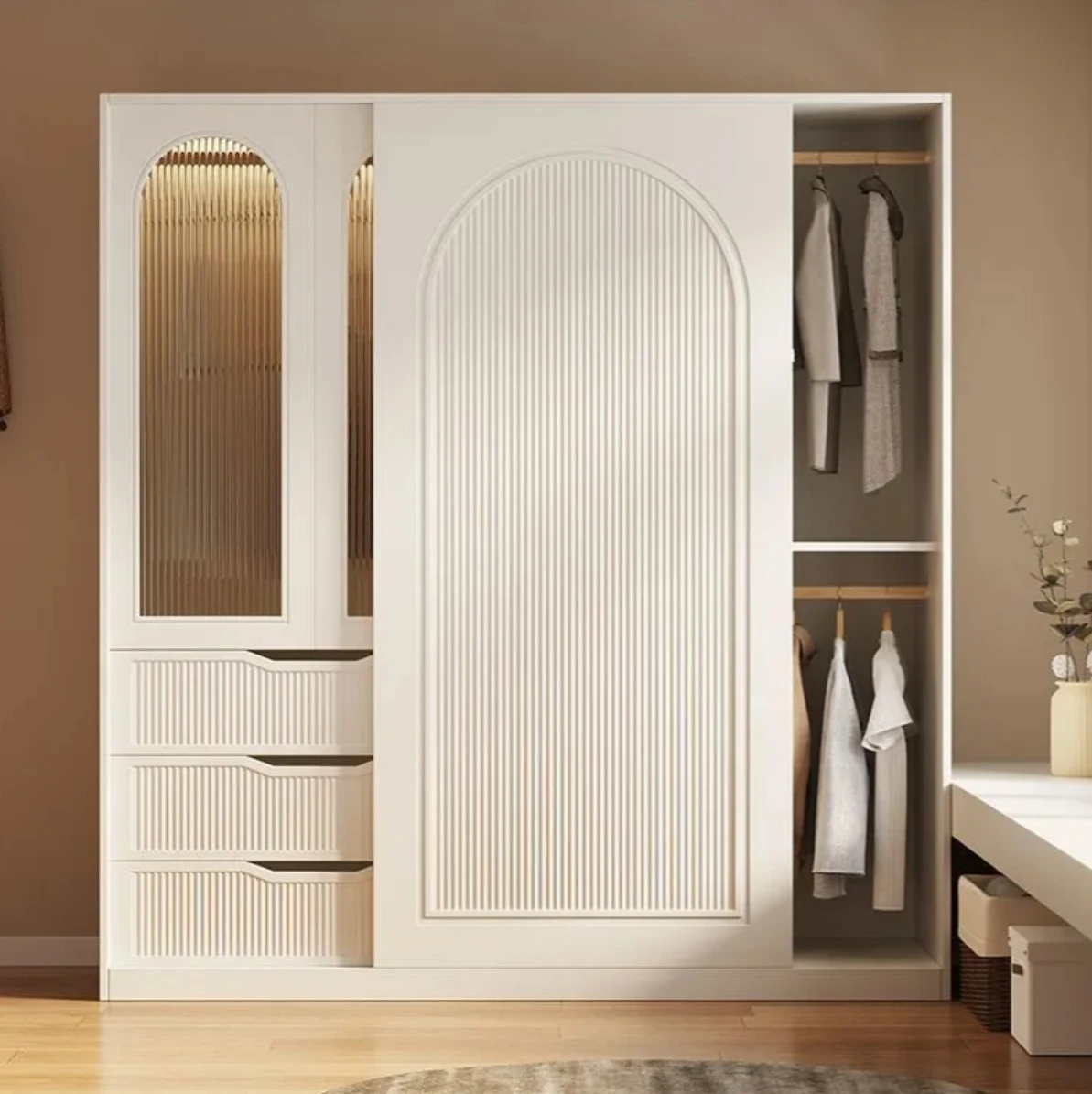 French cream style sliding door wardrobe desk integrated small apartment bedroom modern simple glass door large wardrobe