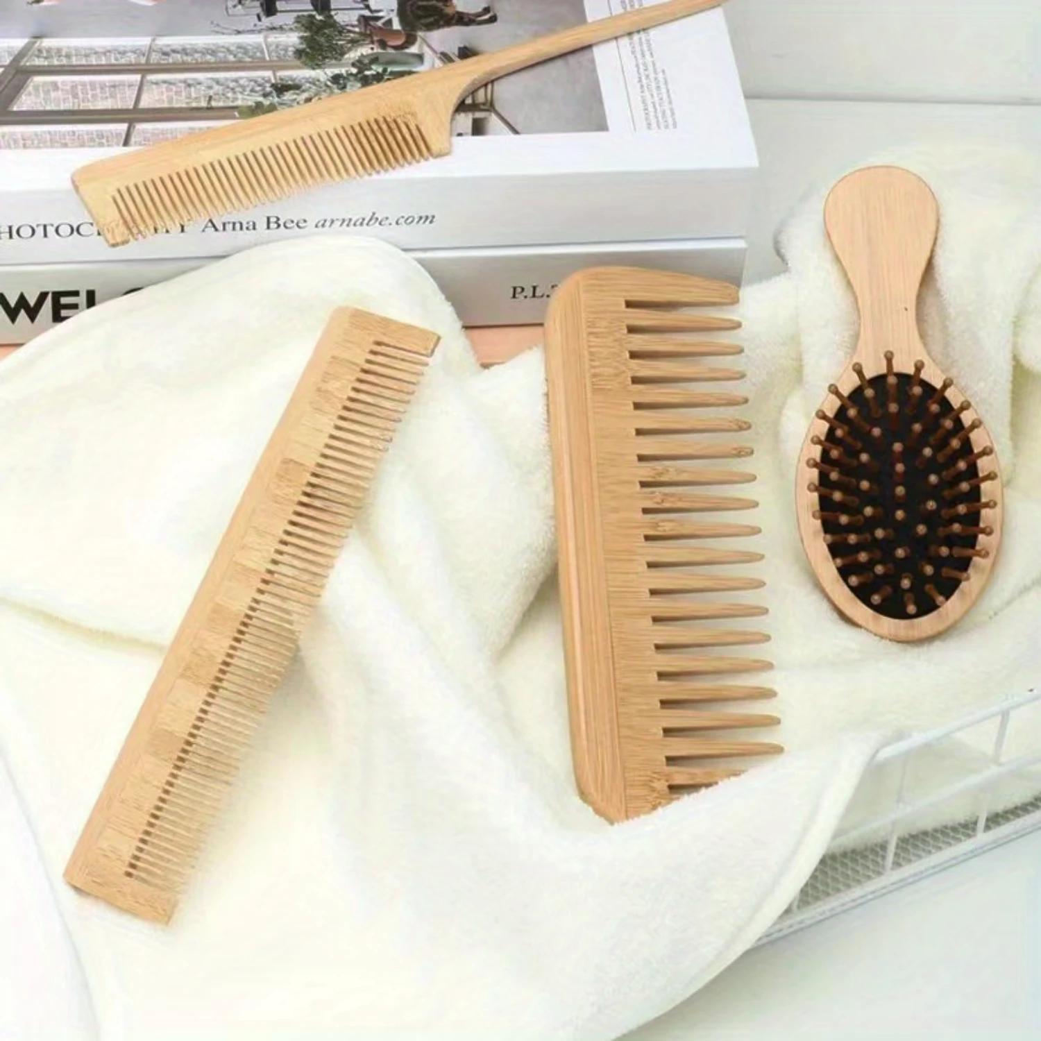 

6pcs Bamboo Hair Brush and Comb Set for Normal Hair - Includes Air Cushion Massage Brush, Paddle Brush, Tail Comb, Tooth Comb, D