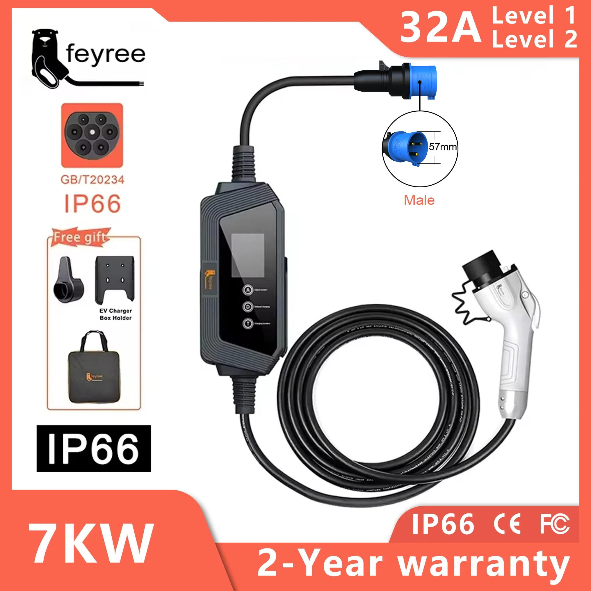 feyree 7KW 32A 1Phase GBT Charger EV Charger Portable 5M Cable with CEE Plug for Electric Vehicle Car Charger EVSE Charging Box