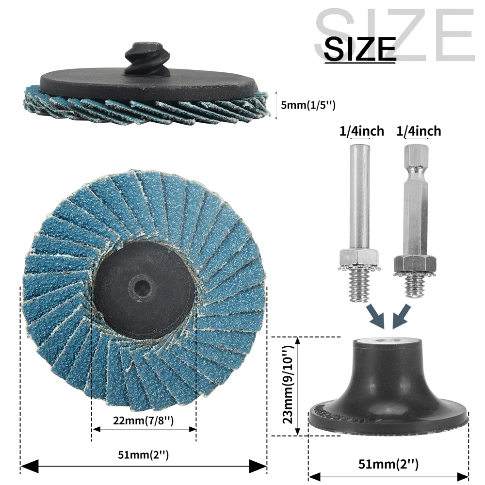 2inch Zirconia Mini Flap Disc Quick Change Sanding Discs Grit 40/60/80/ 120 with 1/4 Disc Pad Holder For Rotary Tool Die Grinder