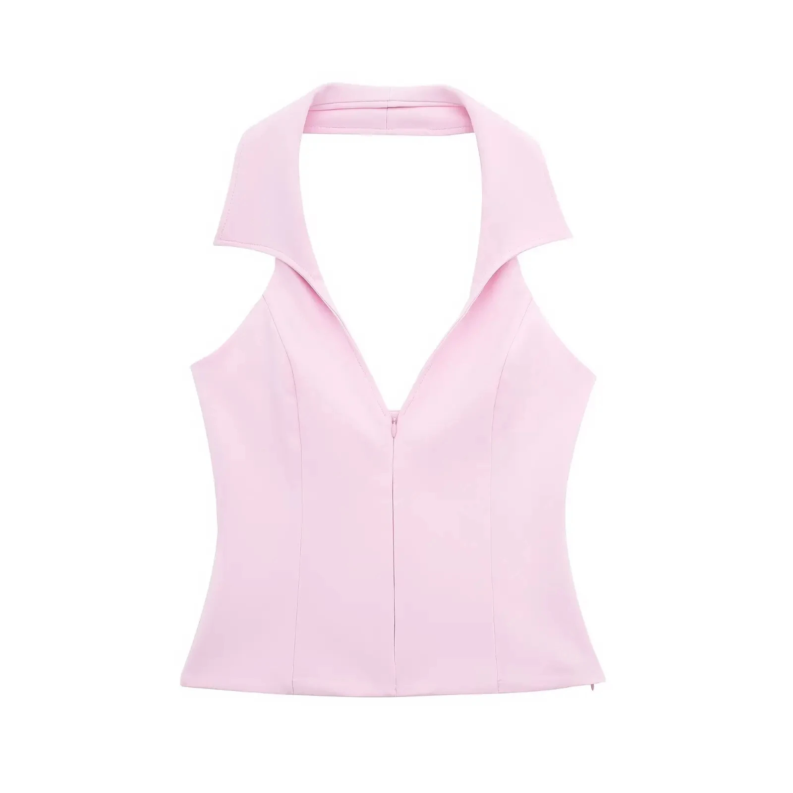 HH 2024 Sommer-Damen-Tanktop, rückenfrei, ärmellos, Neckholder, V-Ausschnitt, abgeschnitten, + A-Linie, hohe Taille, Mini-Shorts, modischer rosa Anzug – Detail 4