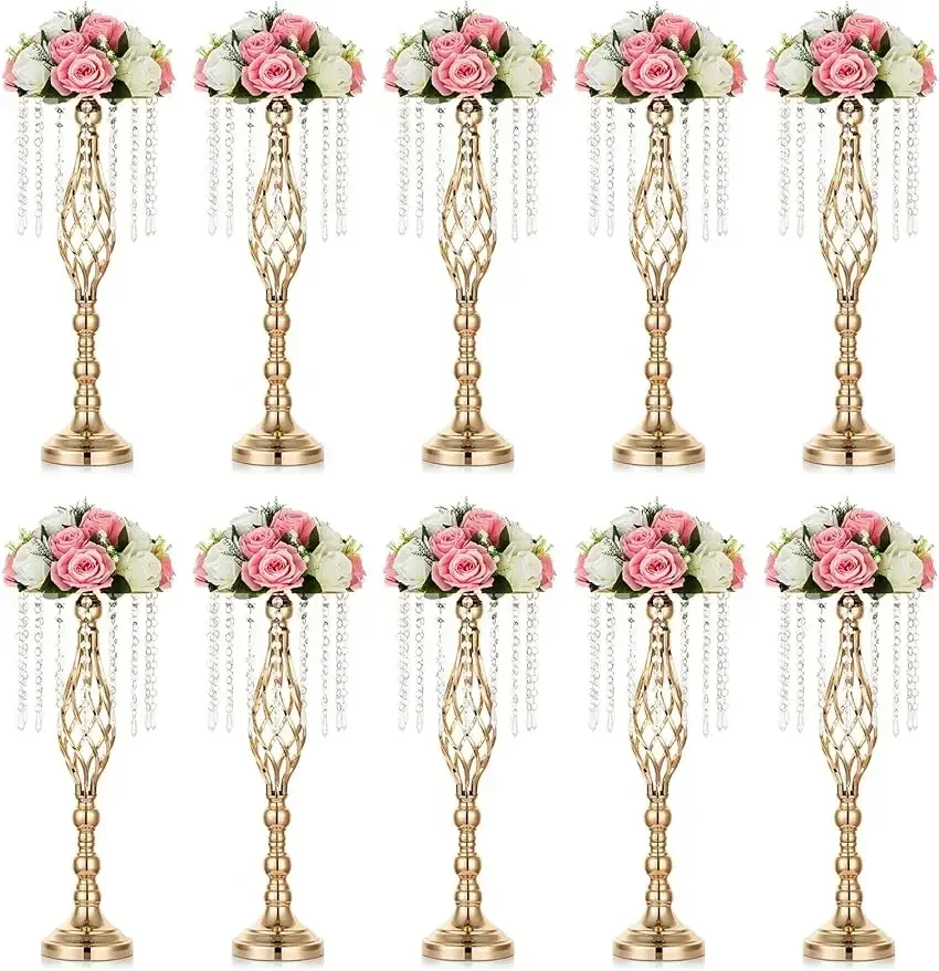 Nuptio 10 Pcs Crystal Flower Stand Wedding Centerpieces for Tables, 21.7in/55cm Tall Elegant Metal Flower Arrangement