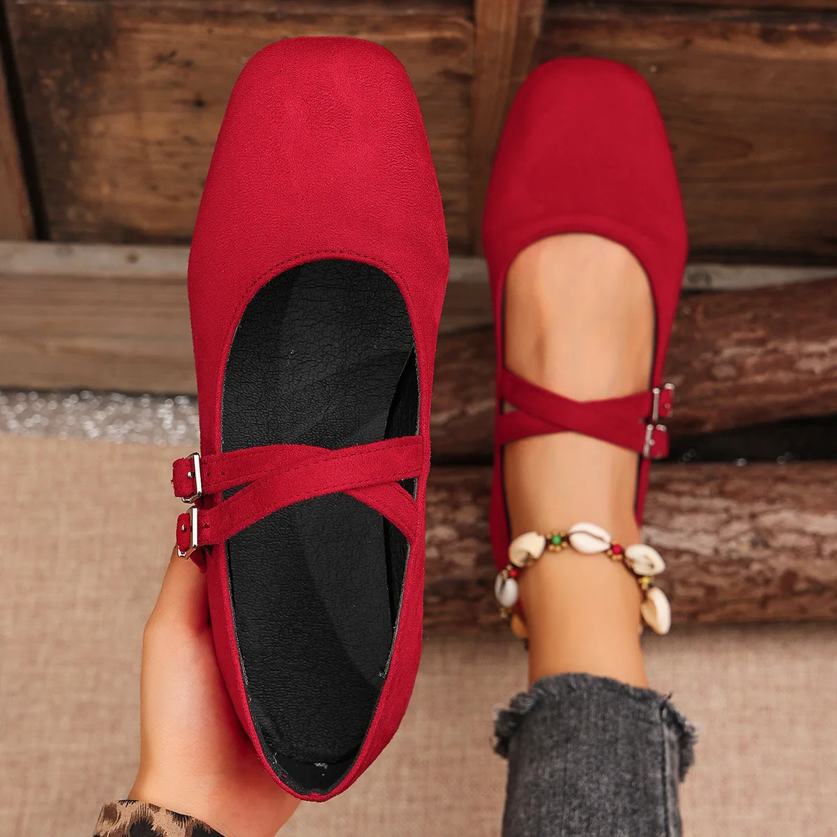 2026 New Brand Designer Double Buckle Red Ballet Flats Women Square Toe Mary Jane Shoes Woman Faux Suede Casual Shoes Female