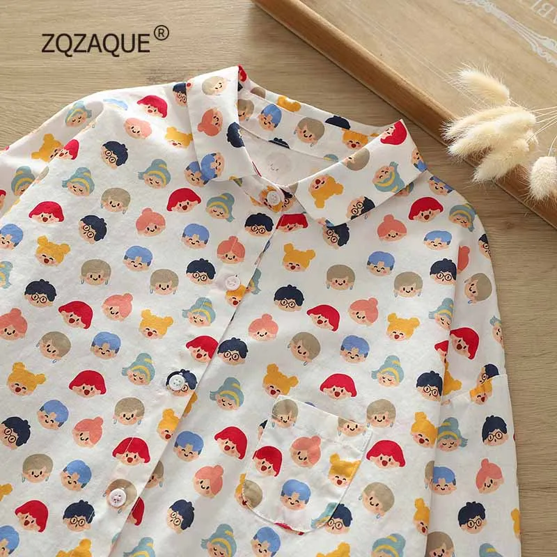 Women's Long Sleeve Blouse with Pocket Loose Casual Nice Tops Fresh Style Shirt Cute Cartoon Head Printing New Autumn SY2673