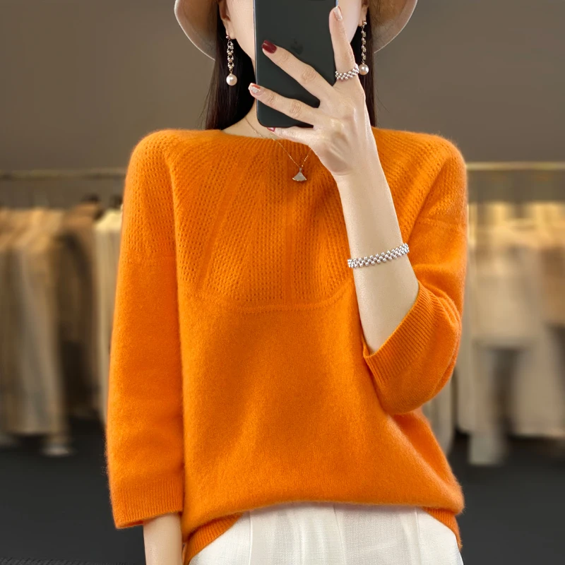 Spring and autumn new 100% pure sweater ladies cropped sleeves O-neck solid color high-end hollow cashmere knit pullover