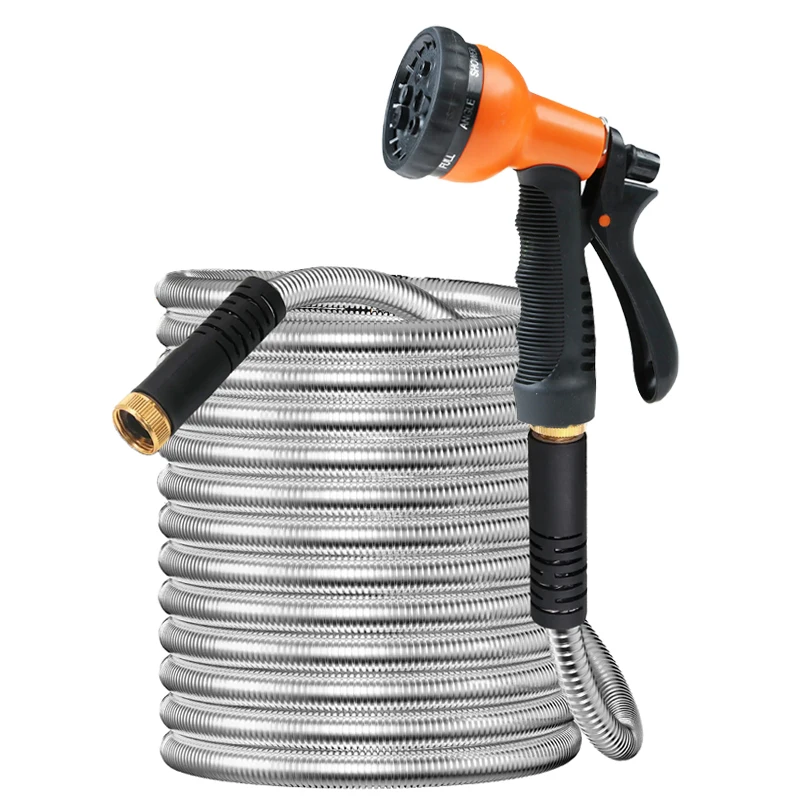 

Metal Garden Water Pipe, Rust Proof Stainless Steel Water Pipe, Heavy-Duty Backyard Metal Hose, With 8-Function Car Wash Gun