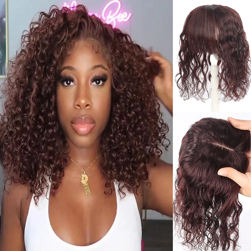 

14inch 13x15cm silk Top Natural Brown color Topper Human Hair Toupee chocolate Brown For Women Silk base Middle Part Replacement