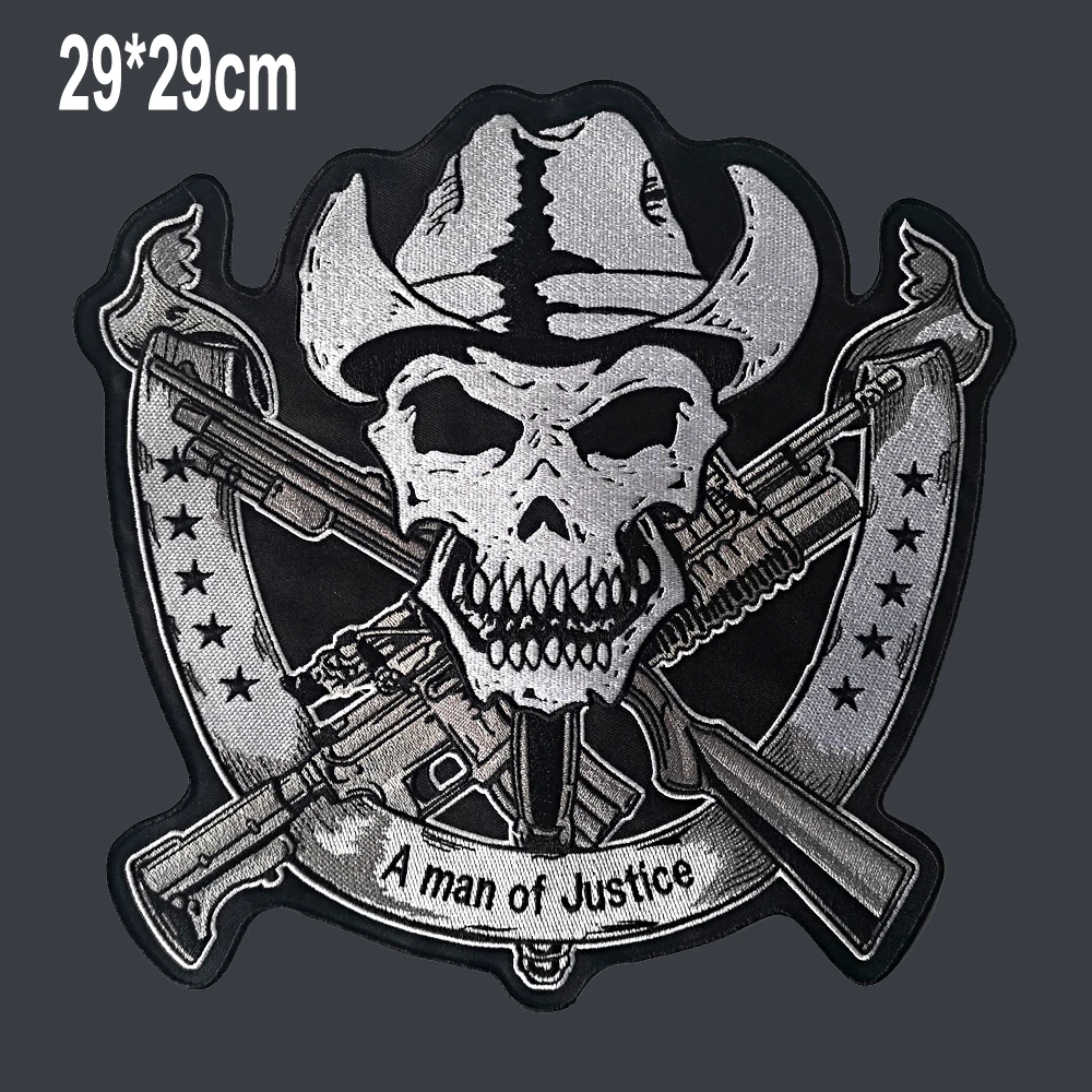 11.4 Inches Skull With Double Guns JUSTICE Large Embroidery Patches for Jacket Back Vest Motorcycle Club Biker MC Sew on