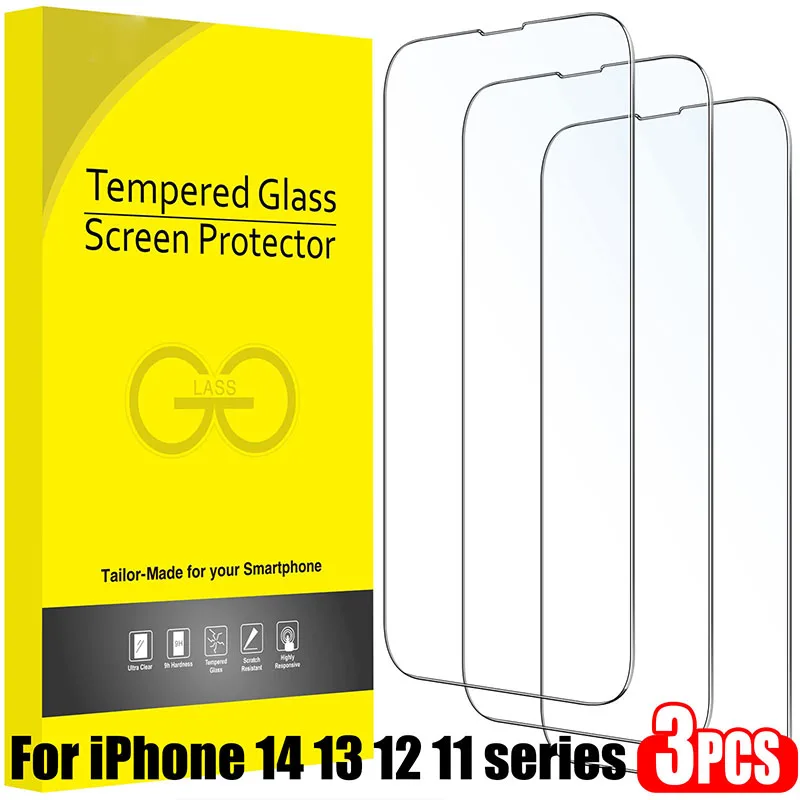 

HD Clear 3-Pack Coverage Screen Protector for iPhone 14 13 12 11 Pro Max 9H Tempered Glass Film Case-Friendly