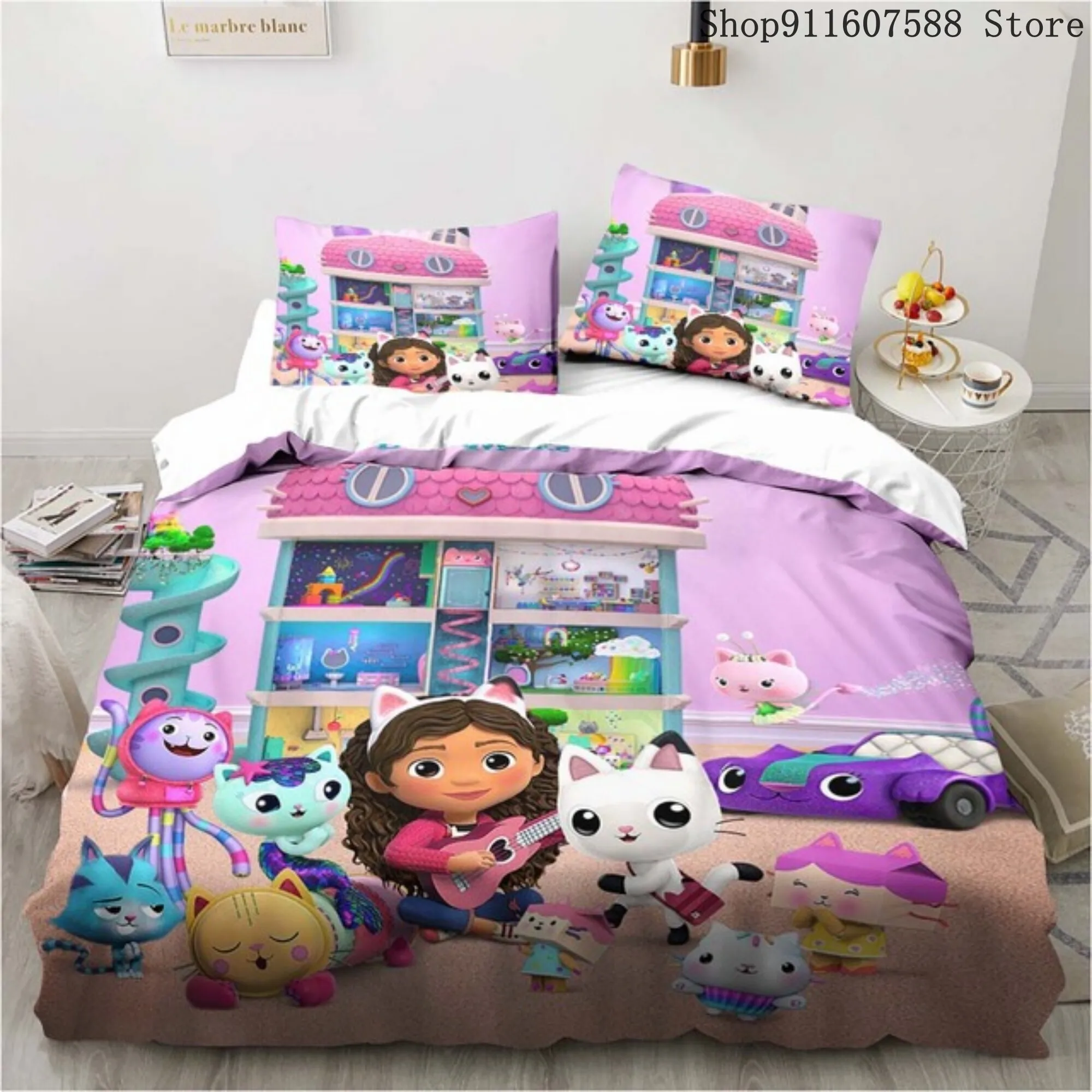 Gabby's Dollhouse Bedding Set Kawaii Bed Linen Set Single Double Size Home Decor For Girls Kids Cartoon Cute Cat Duvet Cover Set