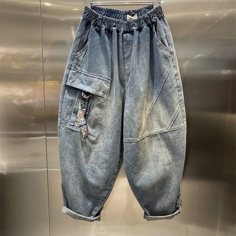 

plus Size 300 Pounds Retro Blue Pocket Design Women's Jeans Summer Elastic Waist Trendy Harlan Clog Pants Casual High Waist L...
