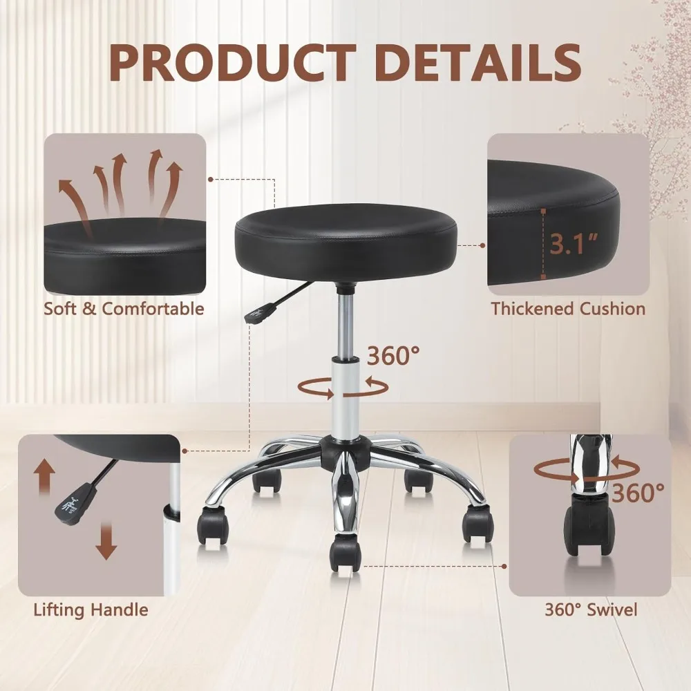 Okrągły stołek na kółkach Obrotowy z kółkami Regulowana wysokość Wytrzymały stołek kreślarski z szerokim siedziskiem Krzesło do masażu w salonie biurowym