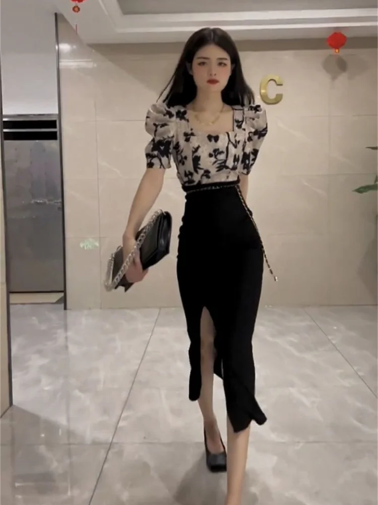 

Female Outfits Midi Skirt Slit Short Sleeve Party Women's Two Piece Set New in The Same Festival Vintage Top and Bottom Full Hot