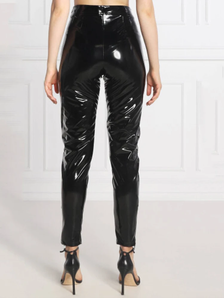 Shiny Patent Leather Pants Women V Waist Sexy Faux Latex Cropped Pants Ladies Black Stretch Slim PVC Trousers Clubwear Custom