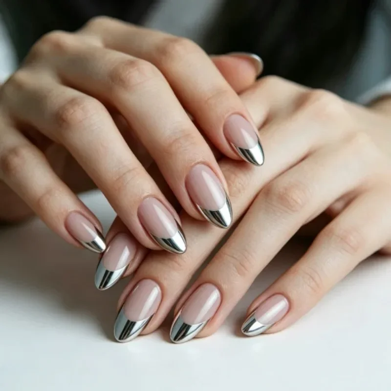 

24 pieces of nude pink pressed in nails, metal silver French tips, long almond shaped fake nails, suitable for women, ideal for daily casual wear and unisex outfits