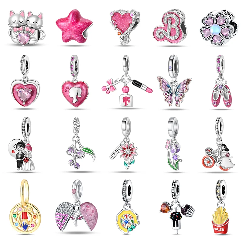 

26. 925 Sterling Silver Pink Butterfly Shoes Heart Charm Poodle Beads for 3mm Original Bracelet DIY Jewelry Birthday Gift