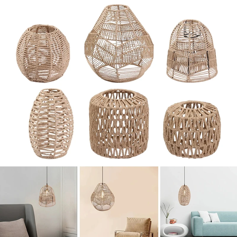 Boho Paper Rope Handwoven Wicker Lampshade Chandelier Cover for Restaurant Pendant Lamp Shade Rattan Light Fixture