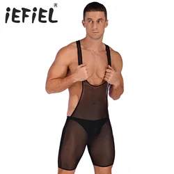 Mens Mesh Sexy Jumpsuit See-Through Deep U Neck Bodysuit Romper Wrestling Singlet Nightwear Nightclub Stage Performance Costume