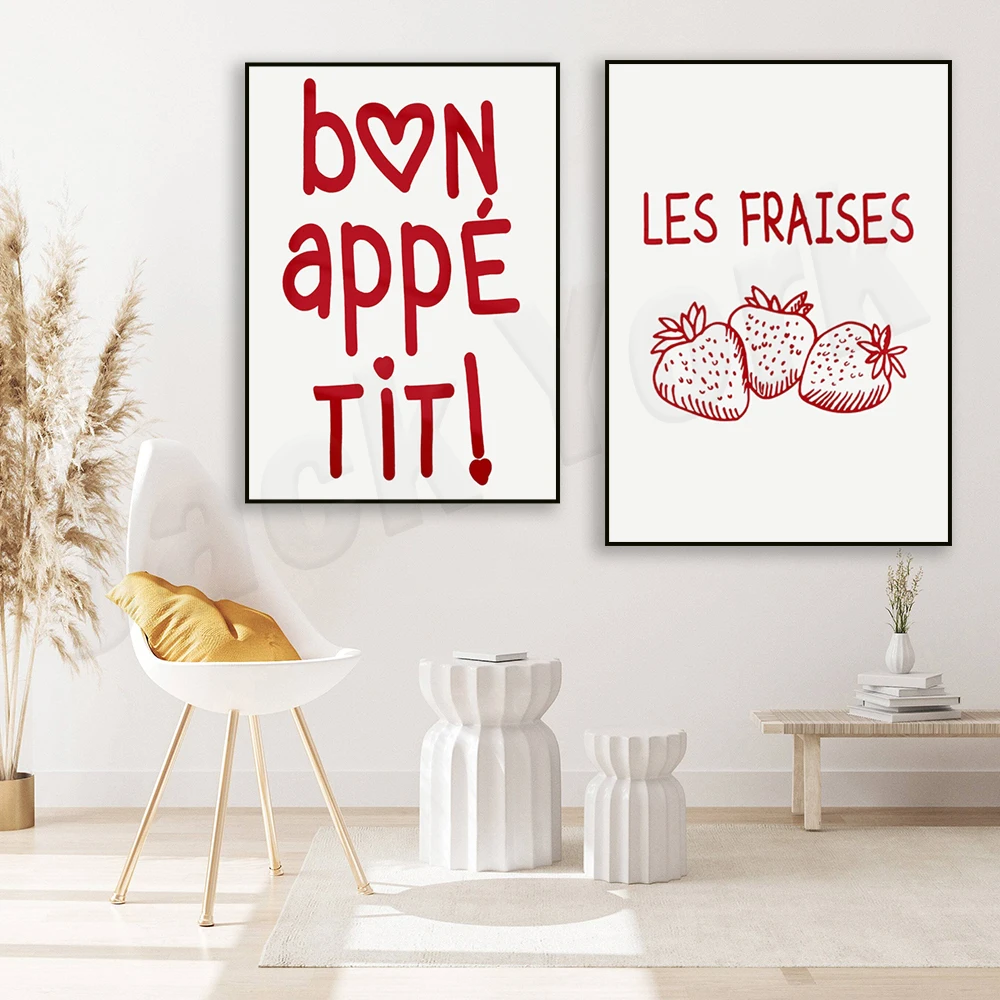 Bon Appetit art print, strawberry poster, cute cooking art, fruit art, vintage French kitchen wall decor