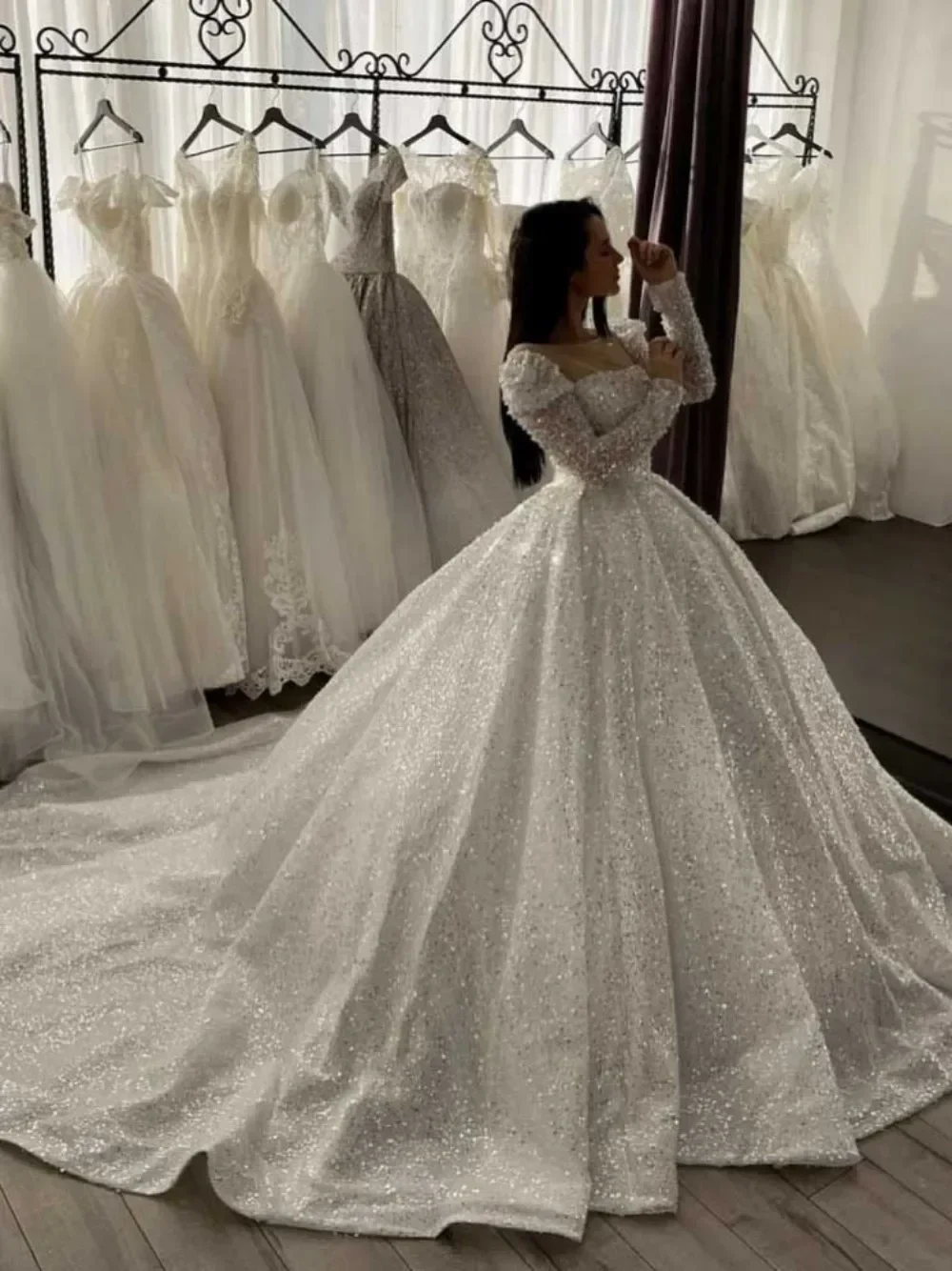 Vestido De Novia personalizado con cuentas y lentejuelas, vestido De baile De manga larga, bata hinchada, Vestidos De Novia