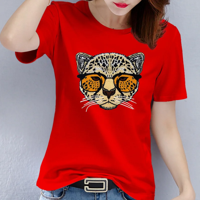 100% Cotton Cartoon Leopard Head Print round Neck Short-Sleeved T-Shirt Fashionable New Best-Selling Design Summer