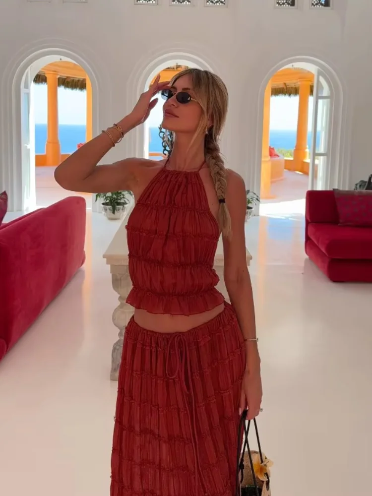 

Elegant Sling Top Pleated Skirt Set Boho Backless Off Shoulder Halter Vest Lace Up Skirts For Women 2025 Summer Beach Outfits