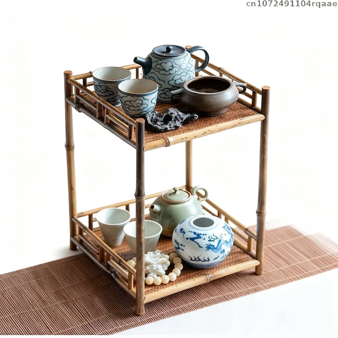 Chinese Style Natural Bamboo Display Shelf for Tea Set, Spice Rack, Books, Collectibles, Tabletop Decor, Modern Home Organizer