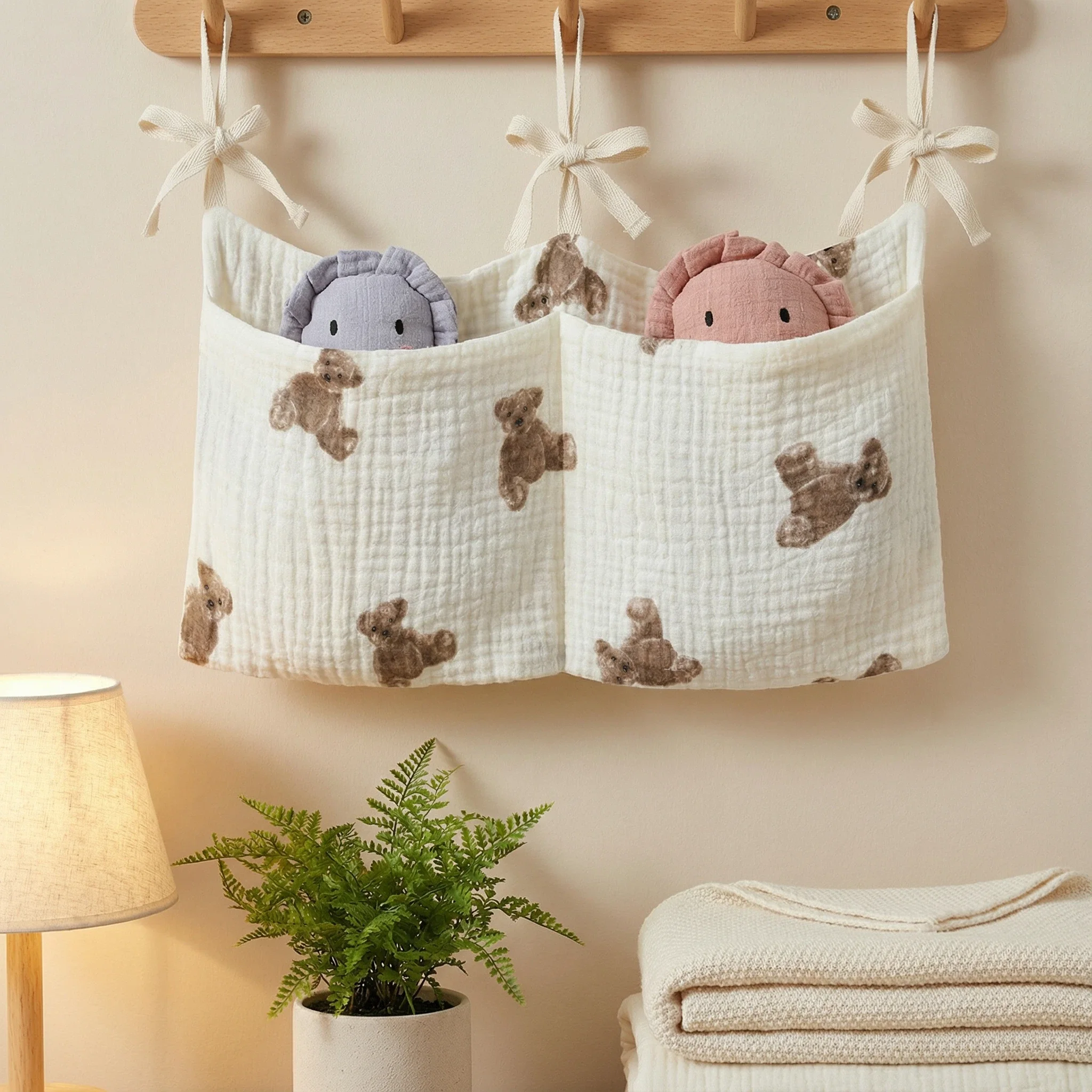 TDHD Baby Crib Hanging Bag, Horizontal Double Pockets, White Printed Soft Fabric, Non-slip Strap, Stores Diapers & Small Items