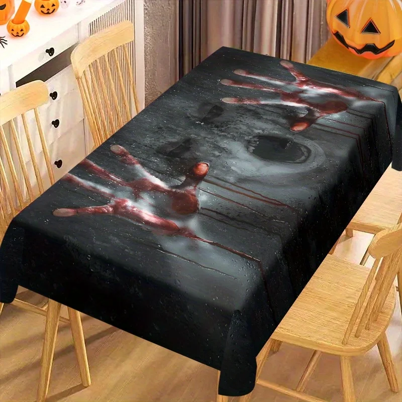 A Halloween tablecloth featuring terrifying ghost patterns and red blood handprints.zyc