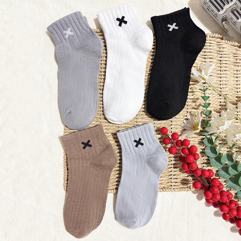 5 Pairs Random Solid Color Ankle Socks for Women Men Casual Breathable Cotton Short Socks with X Mark All-Match Low Cut Socks