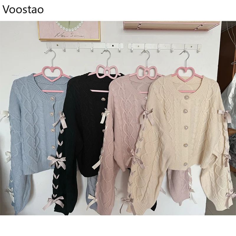 Sweet Lolita Style Knitted Cardigan Women Harajuku Long Sleeve Ribbon Hearts Button Sweater Coat Female Casual Y2k Knitwear Tops