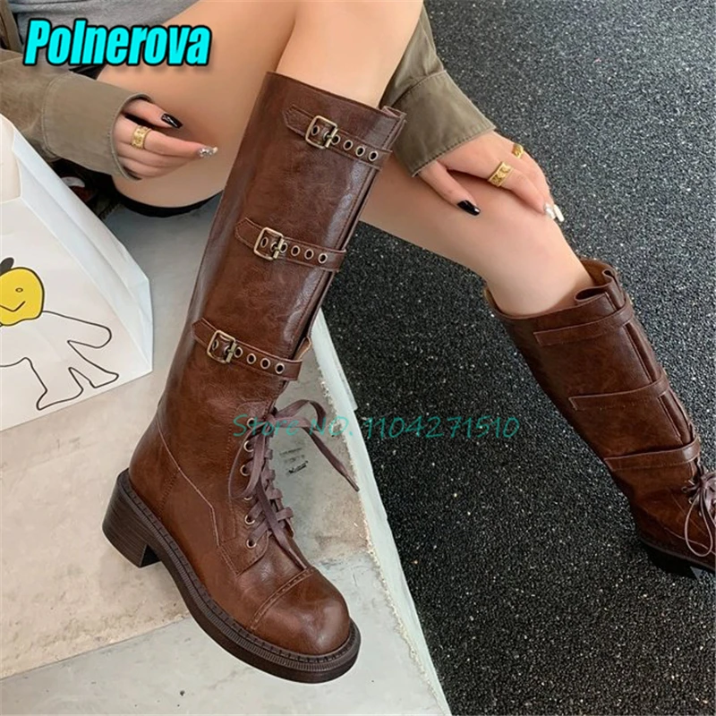Autumn Winter Retro Leather Women's Knight Boots Belt Buckle Round Toe Thick Bottom Knee High Boots Street Style Female Shoes