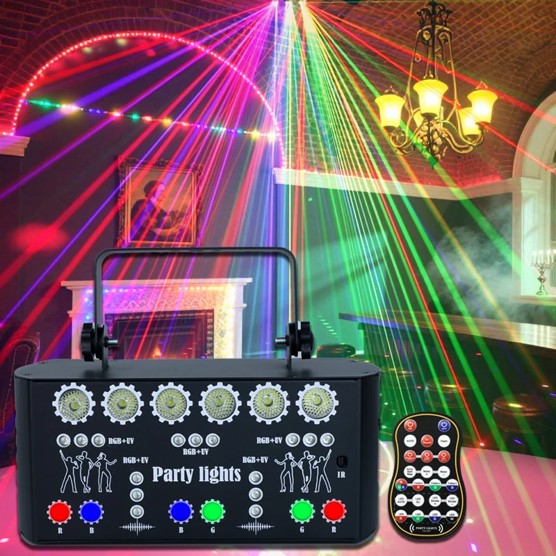 Lampu Panggung Laser RGBW 27-Beam, Lampu Disko Strobe Efek UV, DMX Remote, Lampu Klub Laser untuk Acara Pernikahan, Pertunjukan, Konser