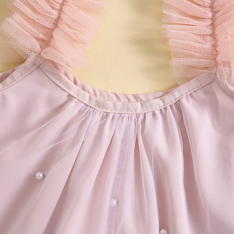 Toddler Girl Summer Sleeveless Dress Tulle Shoulder Strap Pearl Decoration A-line Slip Dress