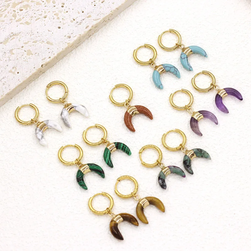 

Ins Style Light Luxury Simple And Colorful Moon Natural Stone Pendant Stainless Steel Earrings For Women Niche High-end Jewelry