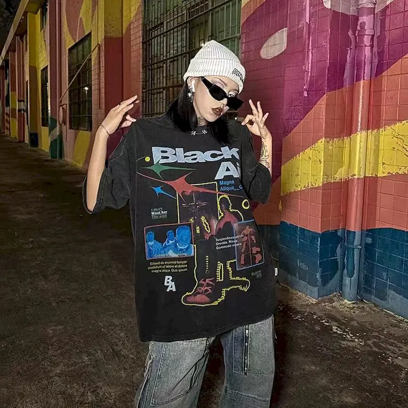 

Футболки с принтом в стиле киберпанк для женщин и мужчин, ретро-футболка с коротким рукавом в стиле High Street, модный летний свободный топ