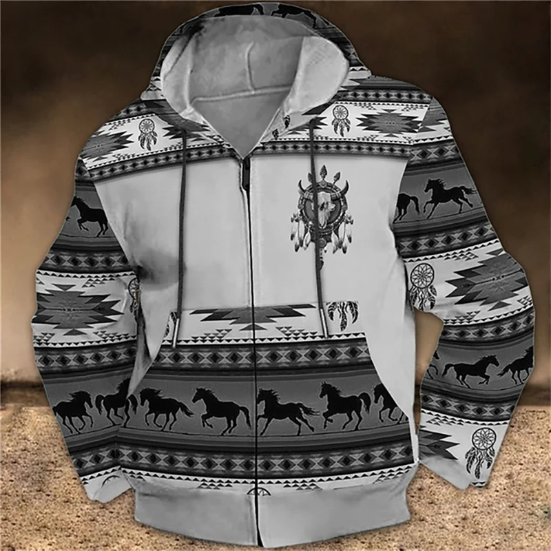 Vintage Ethnic Style Zipper Hoodies Geometric Horse 3D Print Men\'s Hooded Sweatshirts Oversized Tracksuit Kids Coats Clothing