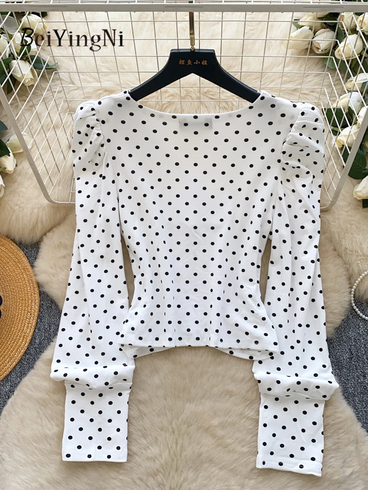 เสื้อเชิ้ตแฟชั่นผู้หญิงสไตล์เกาหลี ฤดูใบไม้ผลิ 2026 ลายจุด จับจีบ ทรงเข้ารูป แขนยาว เสื้อผู้หญิงสำหรับใส่ทำงาน ระดับไฮเอนด์